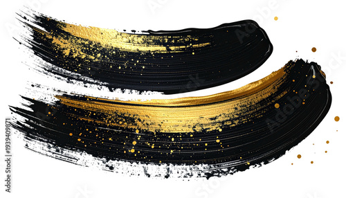 Two dark brush strokes with gold flecks, slightly curved, on black