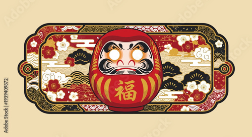 Japanese Daruma Doll with Lucky Symbol and Floral Pattern