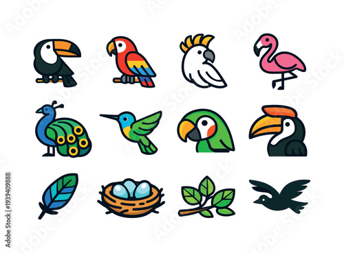 Collection of colorful cartoon birds and nature elements on a white background