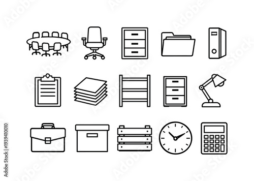 Collection of office supplies and furniture icons in a clean, minimalist line art style