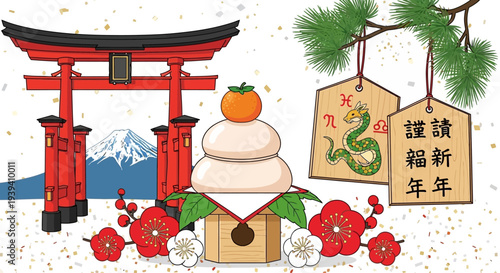 Japanese New Year Celebration: Torii Gate, Mt. Fuji, Kadomatsu, and Ema with Dragon