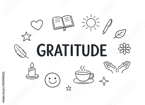 Gratitude word surrounded by hand-drawn icons representing positive feelings and self-care