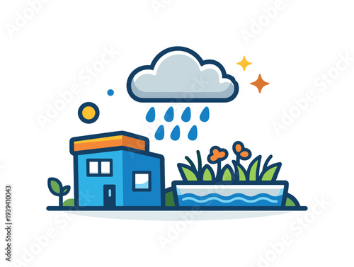 Cartoon house with rain cloud and garden, sun and stars illustration