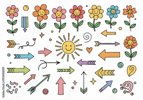 A vibrant illustration of colorful flowers, arrows, and a smiling sun, symbolizing creativity and positivity in a playful doodle style.