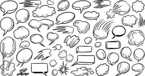 A collection of various comic book style speech bubbles and sound effects illustrations