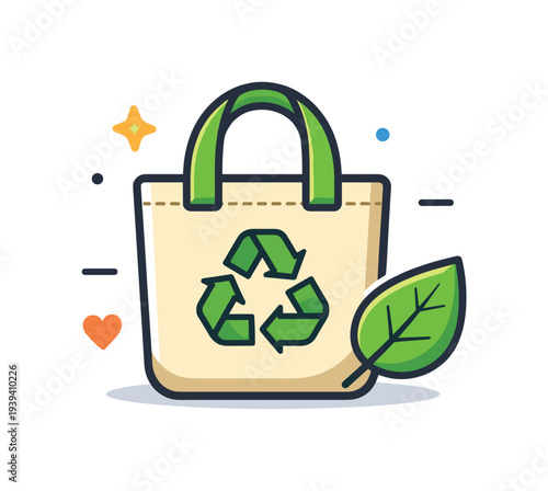 Eco-friendly tote bag with recycling symbol and green leaf illustration