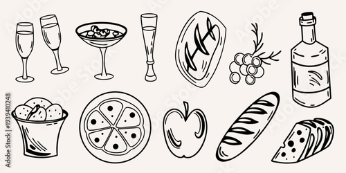 Hand drawn illustration of various food and drink items on a beige background