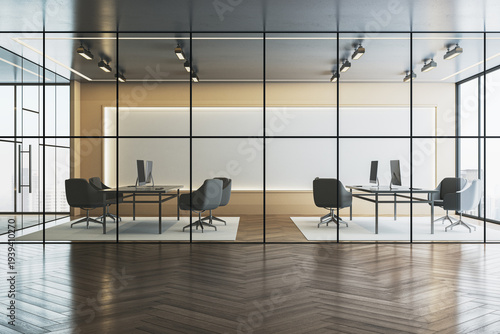 Modern corporate office interior with glass partitions, contemporary desks, premium furniture and bright workspace design in an empty business room. 3D Rendering