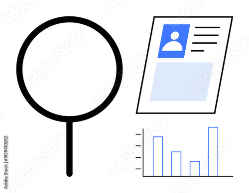 Data analysis concept. Magnifying glass, user profile card, and bar graph data analysis. Data analysis visualizes insights for research, business, and decision-making. Suitable for analytics