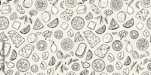 Hand drawn pattern featuring various fruits cheeses and botanical elements