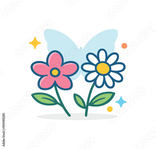 Cute cartoon flowers and butterfly illustration with sparkling elements