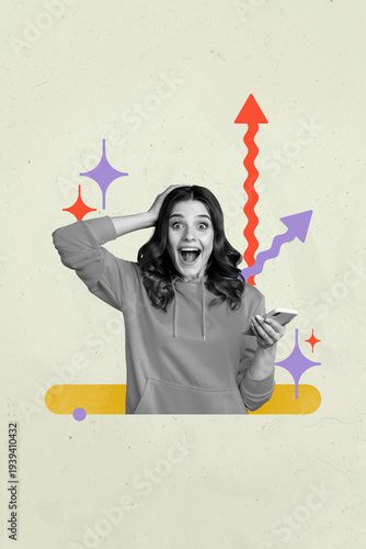 Принти на полотні Trend banner collage of person use phone stand near arrows go up on pastel backg