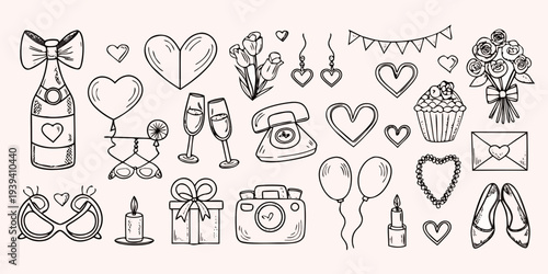 Collection of hand drawn love and romance themed doodle illustrations