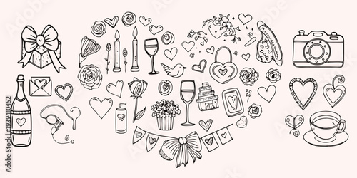 A collection of hand drawn romantic objects and love themed illustrations
