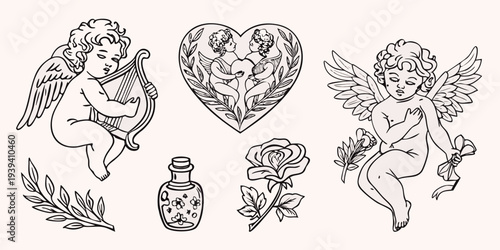 Vintage style illustration of cherubs a heart roses and botanical elements