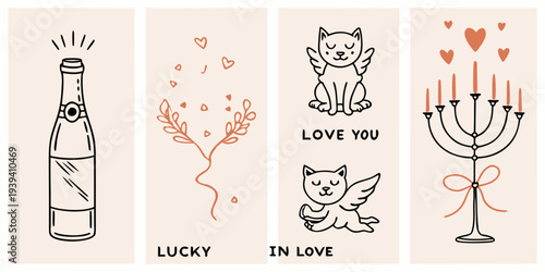 Stylized illustrations of champagne hearts cats and candlesticks in pink tones