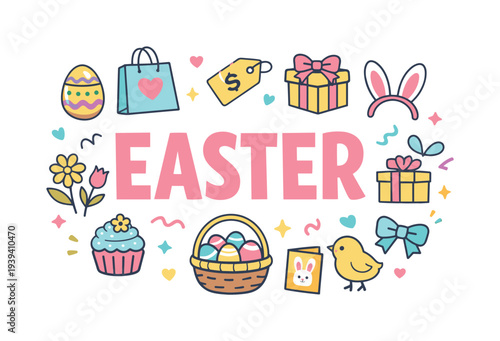 Easter celebration with cute icons and festive decorations