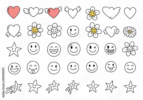 Collection of simple hand drawn hearts, flowers, smiley faces, and stars in various styles on a clean background.