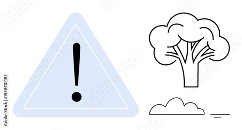 Warning concept. Warning sign combined with environmental visuals thumbs up tree and cloud elements. Warning encourages precaution for nature and sustainable practices. For ecology, climate action