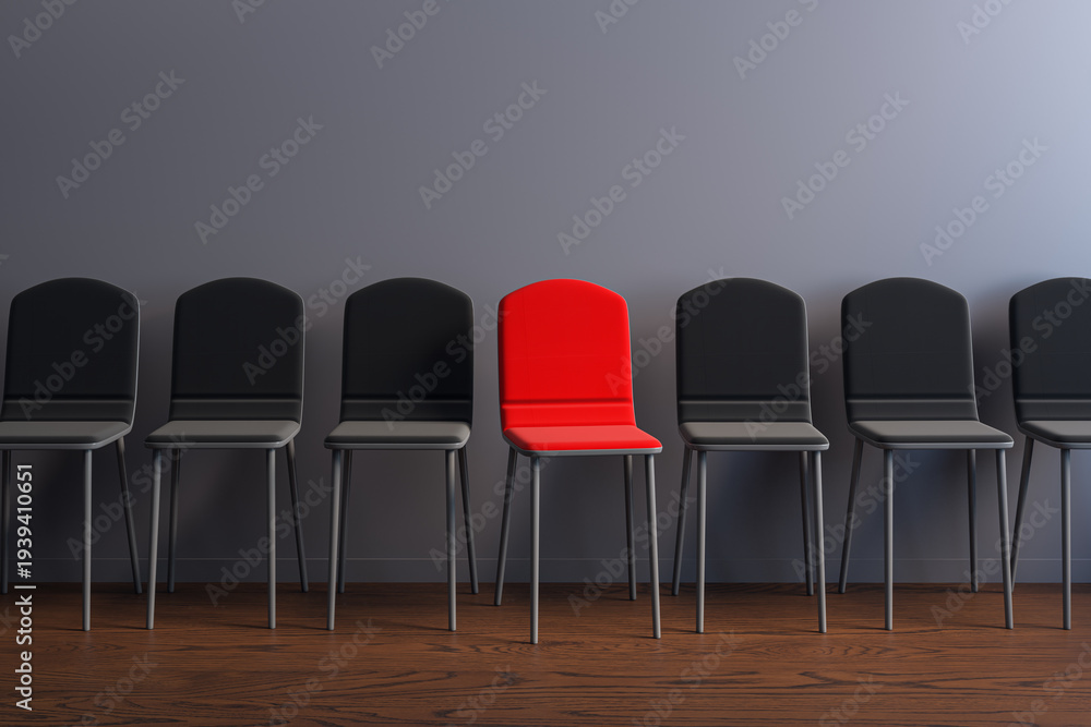 Obraz premium Row of dark chairs with one red standout seat symbolizing uniqueness, selection, and business choice in a modern corporate interior environment. 3D Rendering