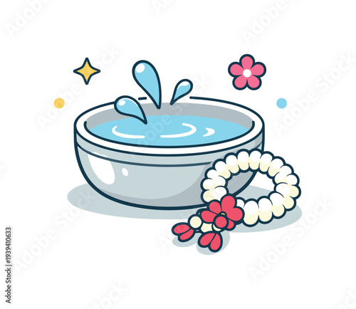 Songkran water bowl with jasmine garland and splashes, festive celebration