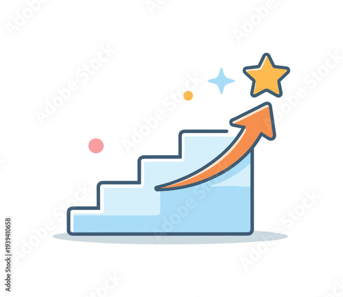 Stylized stairs with an upward trending arrow and a star symbolizing success and growth