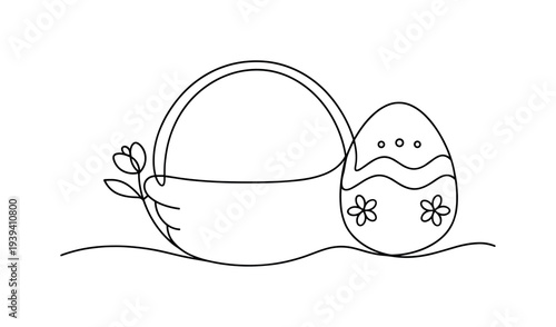 Easter egg and basket with flower in simple line art style