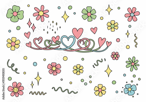 Whimsical illustration of hearts and flowers surrounding a crown, symbolizing love and joy in a playful, childlike design