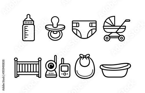 Collection of baby care icons including a bottle, pacifier, diaper, stroller, crib, and bath