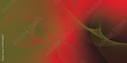 Flowing red, green, and black glowing ribbons twisting over a dark, moody background sprinkled with tiny sparkling particles, futuristic digital technology scene, vector style.