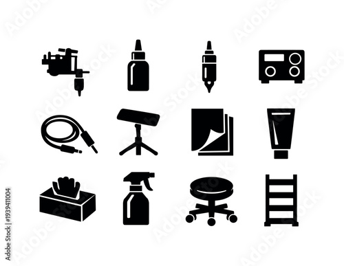 Silhouettes of various artistic and office tools for creative professionals
