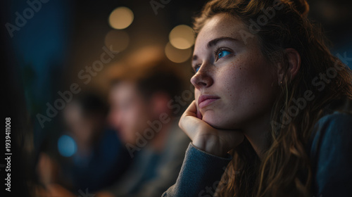 Young woman thoughtful focus listening office closeup night low light portrait of young woman in deep focus listening at work