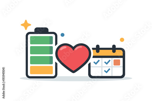 Battery, heart, and calendar icons symbolizing energy, health, and time management