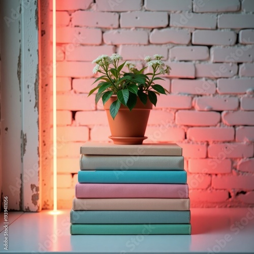 Potted plant on stack of pastel books with neon light