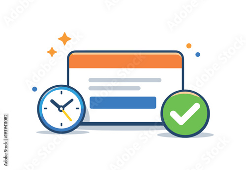 Time management and task completion with clock and checkmark icons