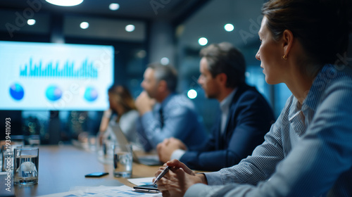Corporate boardroom filled with executives staring at a projected chart showing workflow bottlenecks