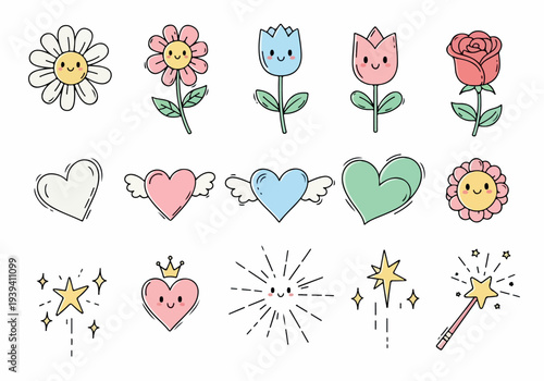 A set of whimsical cartoon flowers and hearts with smiling faces and magical elements, presented in a playful illustration style, viewed from directly above.