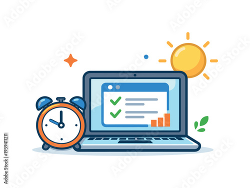 Laptop with checklist and alarm clock symbolizing productivity and time management