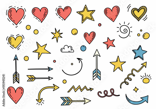 Hand-drawn illustrations of hearts, stars, arrows, and smiles arranged together on a simple background from a straightforward viewpoint.