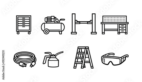 Collection of garage and workshop tools and equipment in a clean line art style