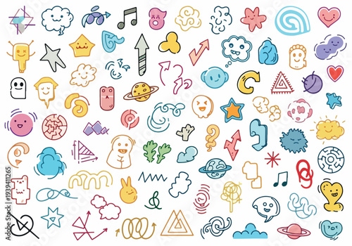 Vibrant doodle icons scattered across a clean white background, showcasing various shapes and symbols in different colors