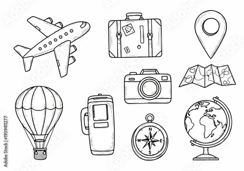 Travel icons set featuring airplane, luggage, map, camera, globe, and other adventure elements