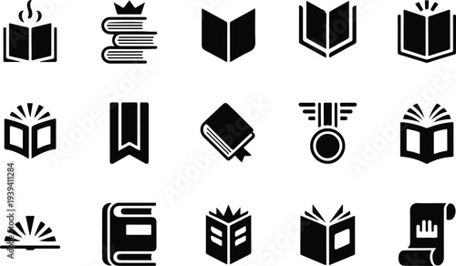 Set of 16 book icons vector, black and white