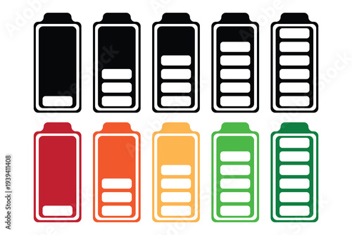 battery icon set, colorful battery icon set, Battery charge ico set.