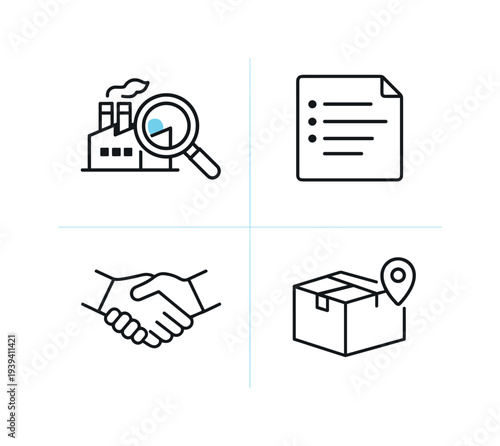 Business icons representing factory analysis, checklist, handshake, and package delivery