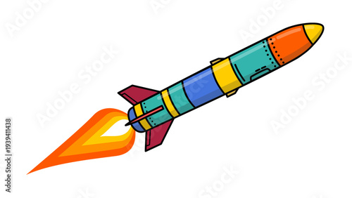 Colorful cartoon rocket missile icon with exhaust flame. Ideal for startup launch, gaming, business growth, and tech projects.