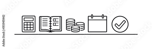 Financial planning icons: calculator, ledger, coins, calendar, and checkmark