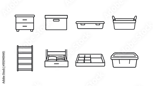 Collection of simple line art icons representing various storage solutions and containers