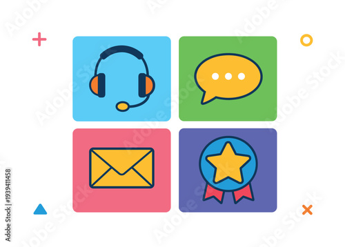 Customer service icons: headset, chat bubble, envelope, and award badge on colorful backgrounds