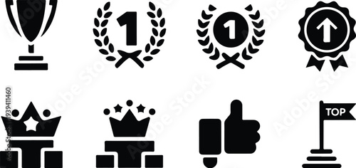 Set of 8 achievement icons vector, black